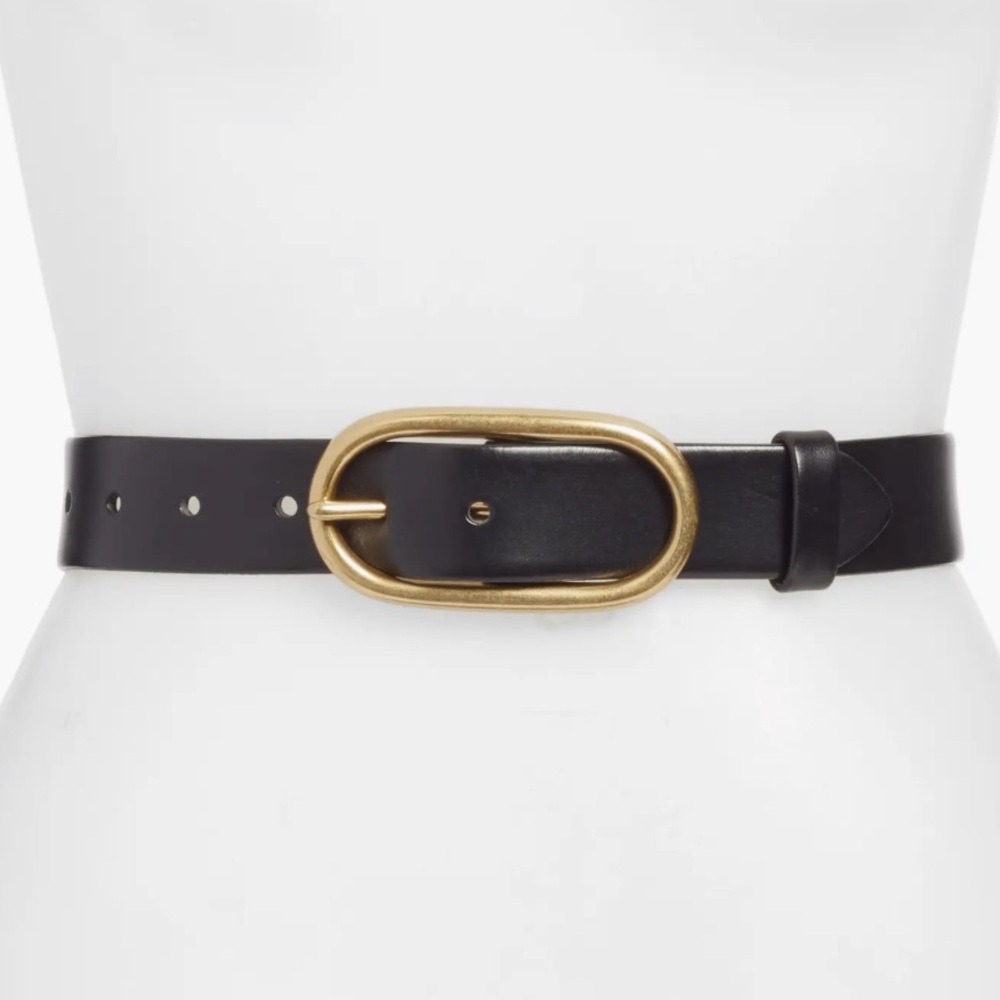 Treasure & Bond Black Leather Belt with Gold Oval Buckle